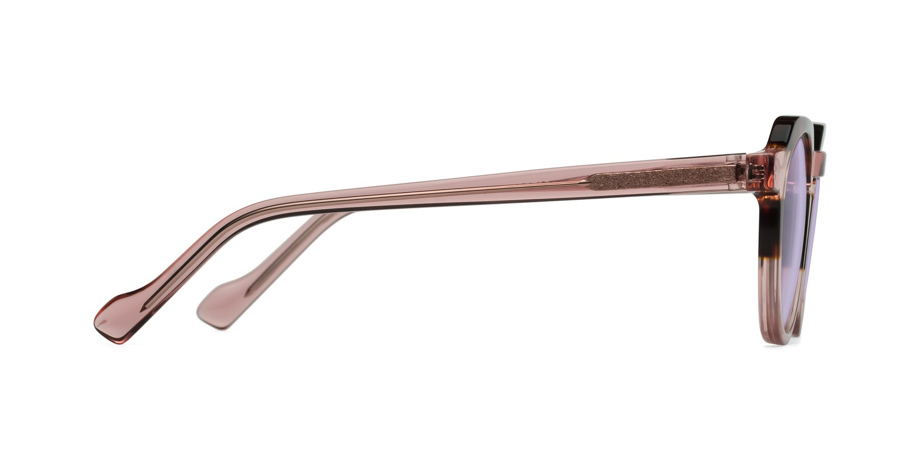 Side of Vesper in Tortoise-Pink with Light Purple Tinted Lenses