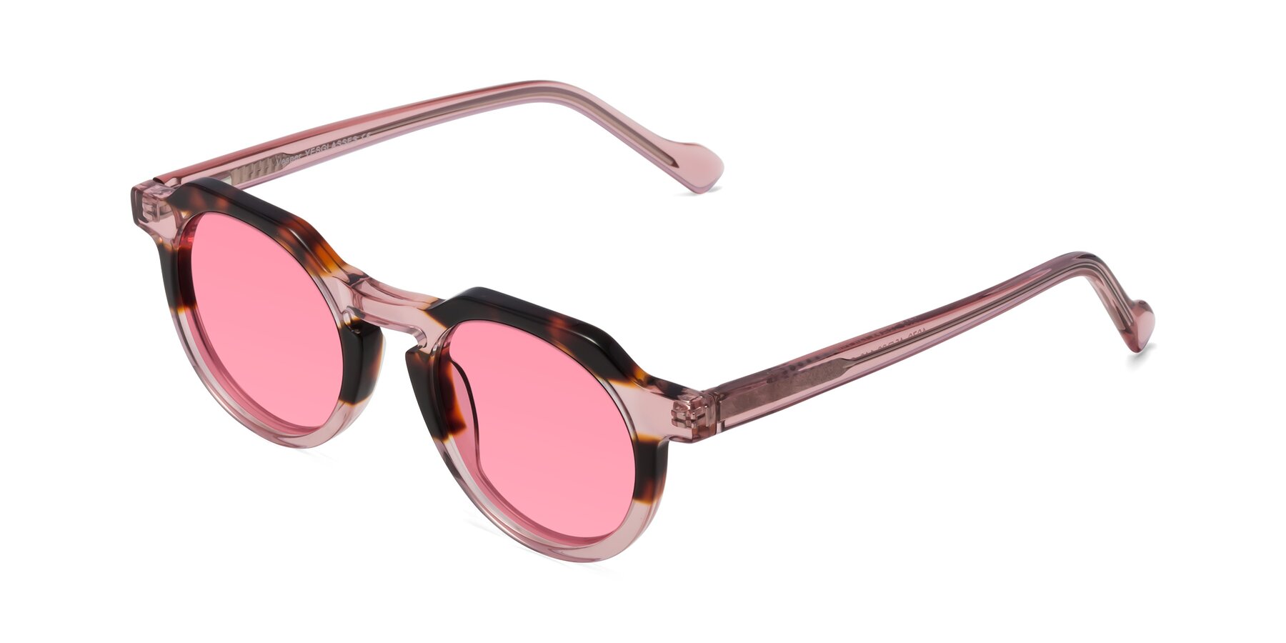 Angle of Vesper in Tortoise-Pink with Pink Tinted Lenses