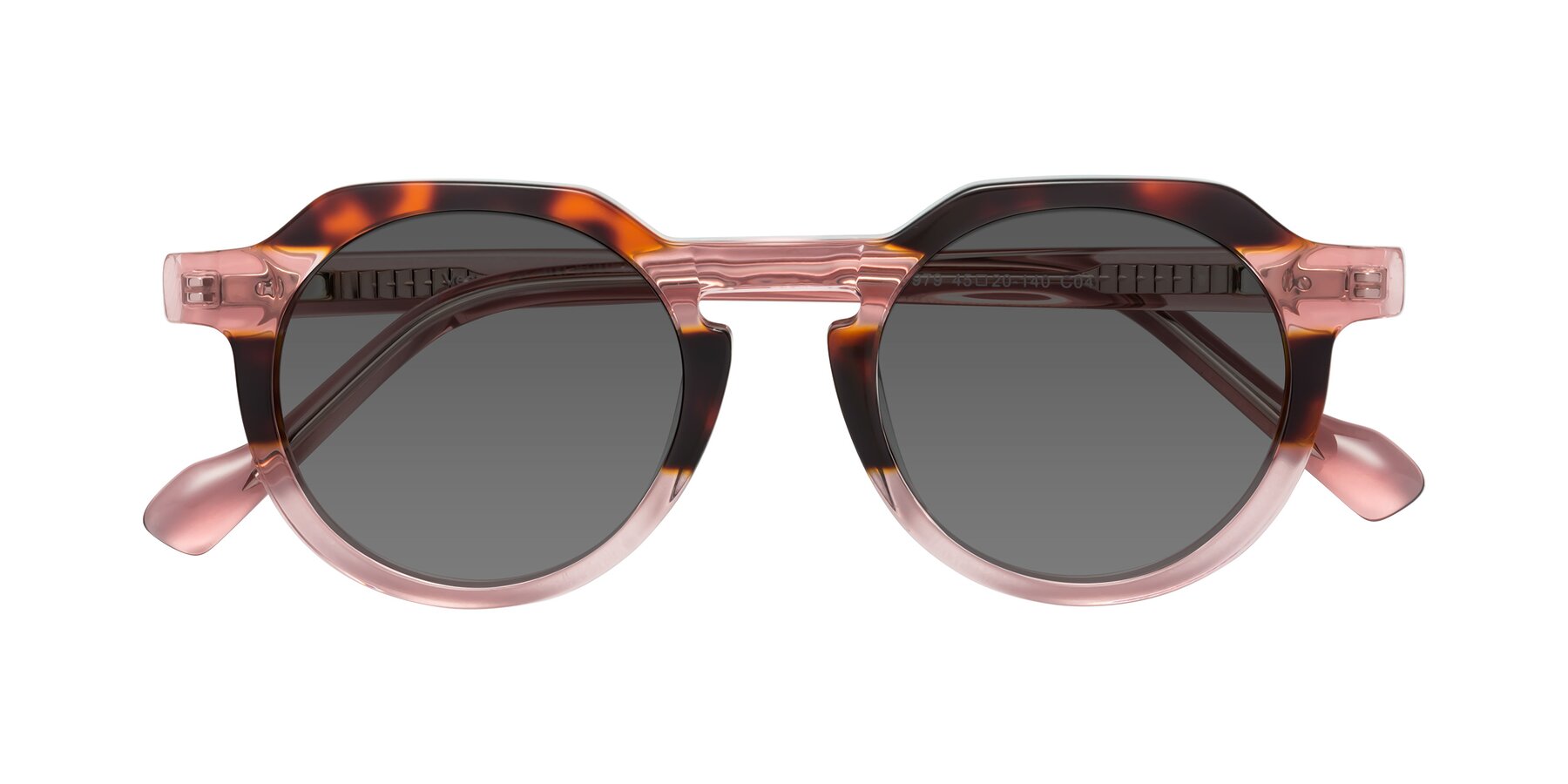 Folded Front of Vesper in Tortoise-Pink with Medium Gray Tinted Lenses