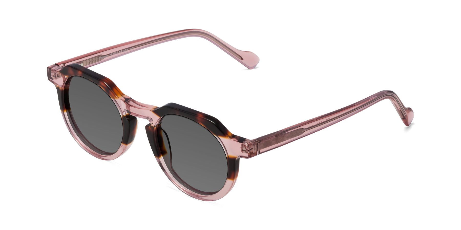 Angle of Vesper in Tortoise-Pink with Medium Gray Tinted Lenses