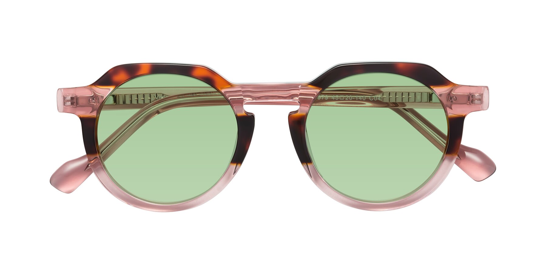 Folded Front of Vesper in Tortoise-Pink with Medium Green Tinted Lenses