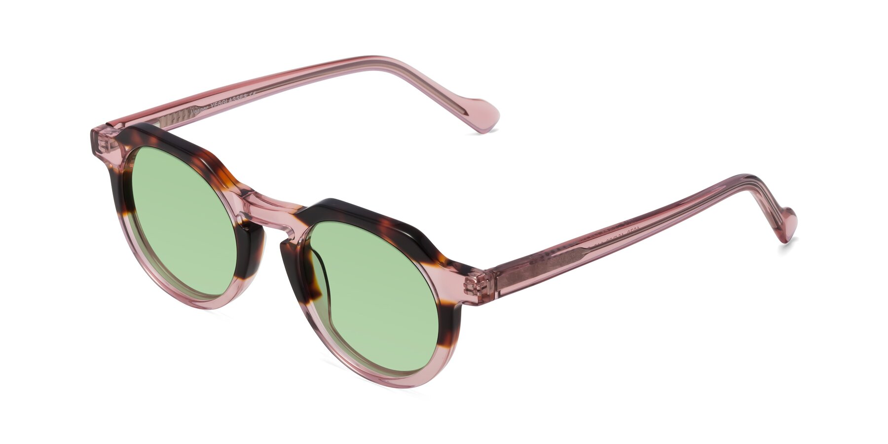 Angle of Vesper in Tortoise-Pink with Medium Green Tinted Lenses