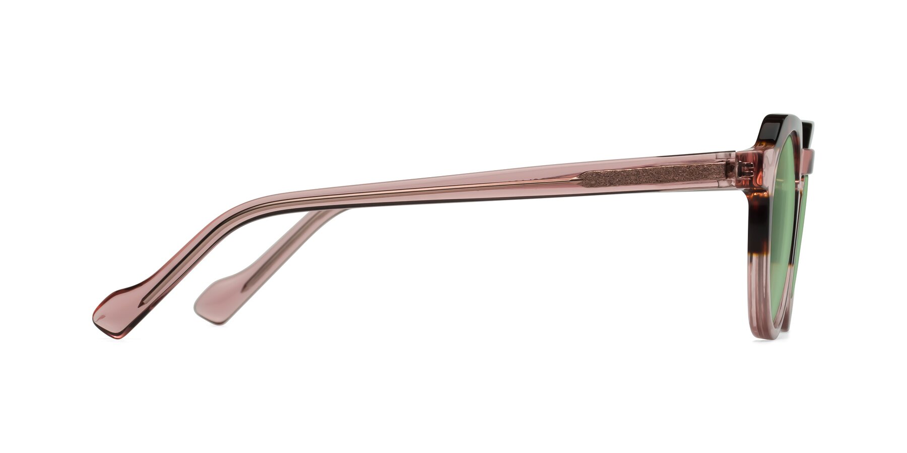 Side of Vesper in Tortoise-Pink with Medium Green Tinted Lenses