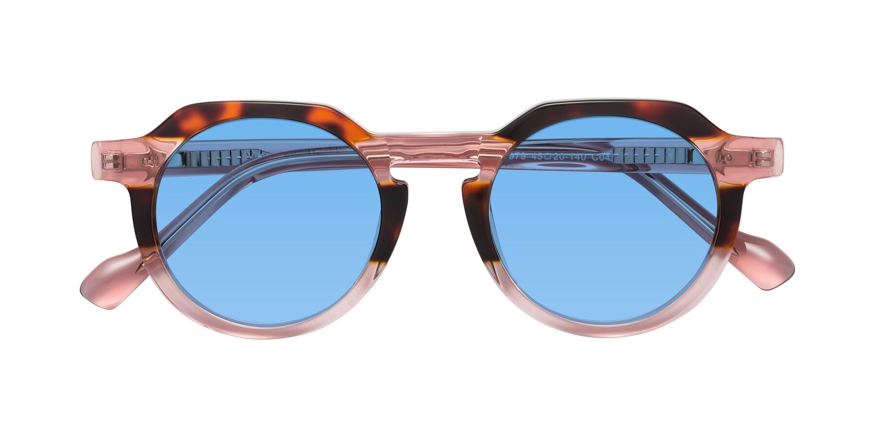 Folded Front of Vesper in Tortoise-Pink with Medium Blue Tinted Lenses