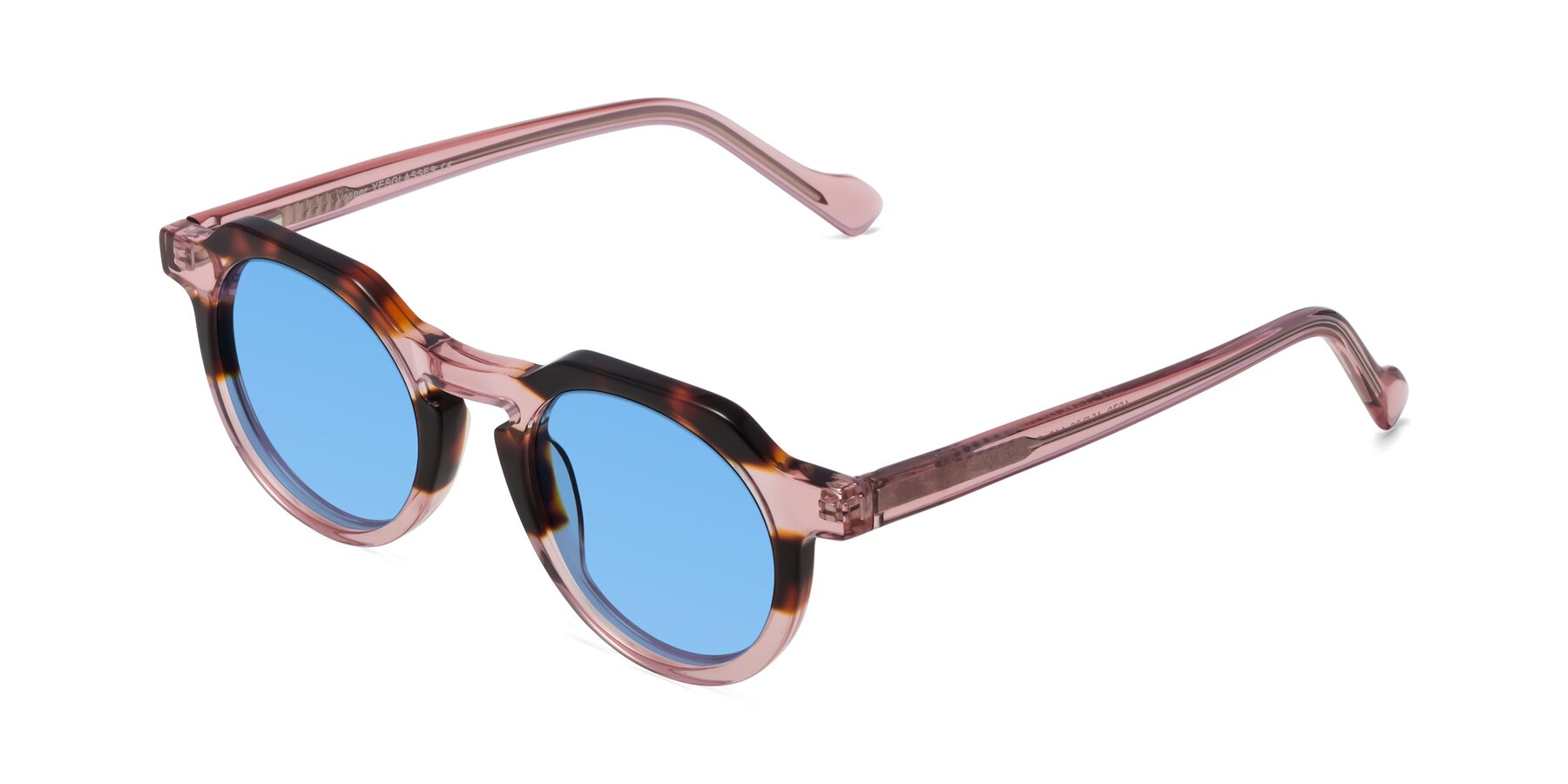 Angle of Vesper in Tortoise-Pink with Medium Blue Tinted Lenses