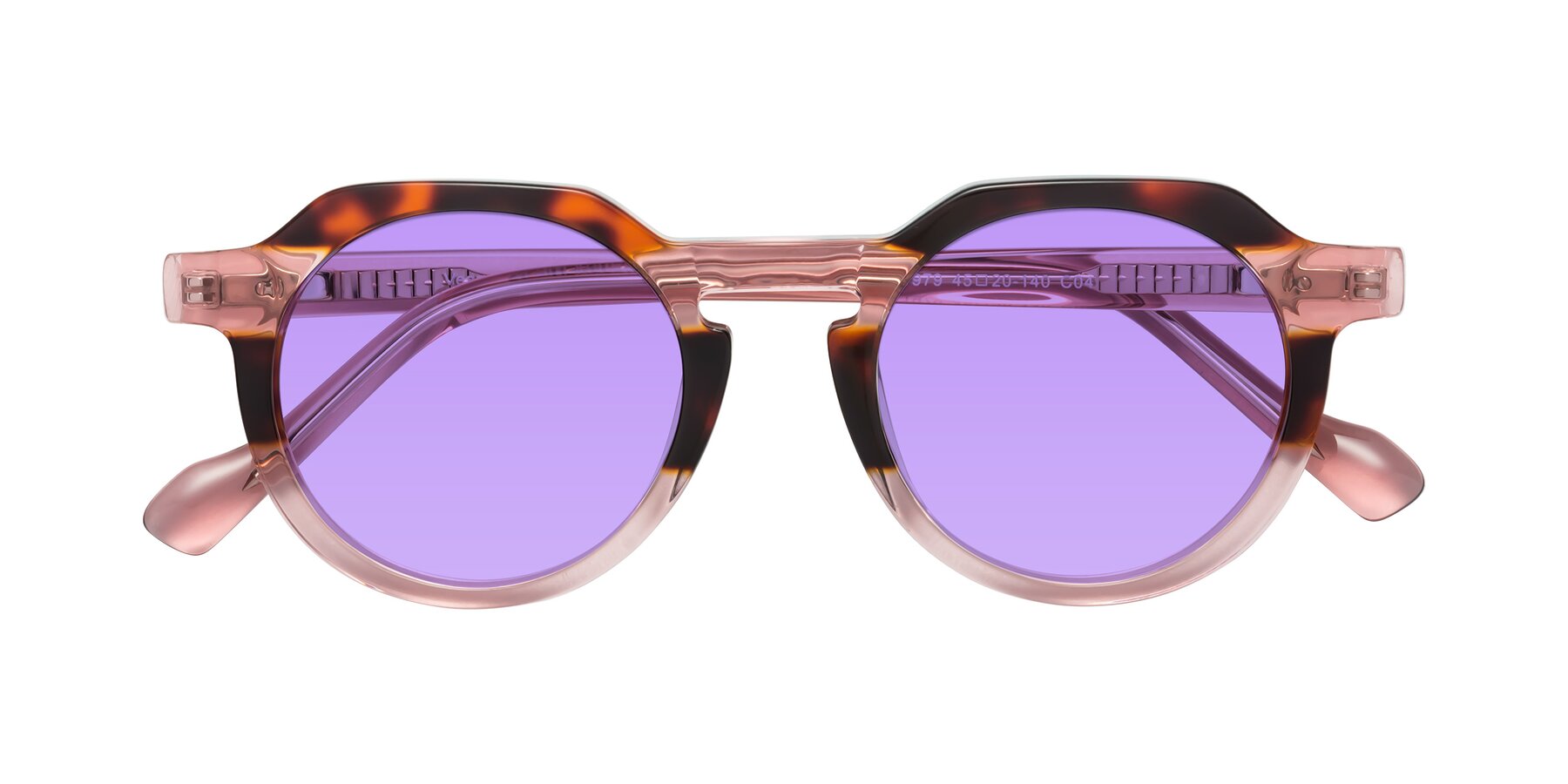 Folded Front of Vesper in Tortoise-Pink with Medium Purple Tinted Lenses