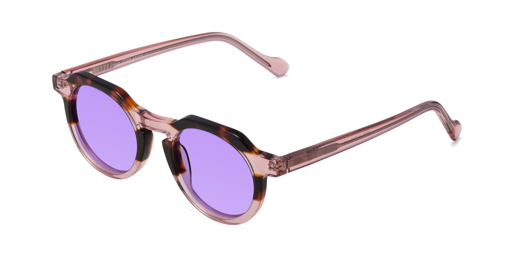 Angle of Vesper in Tortoise-Pink with Medium Purple Tinted Lenses