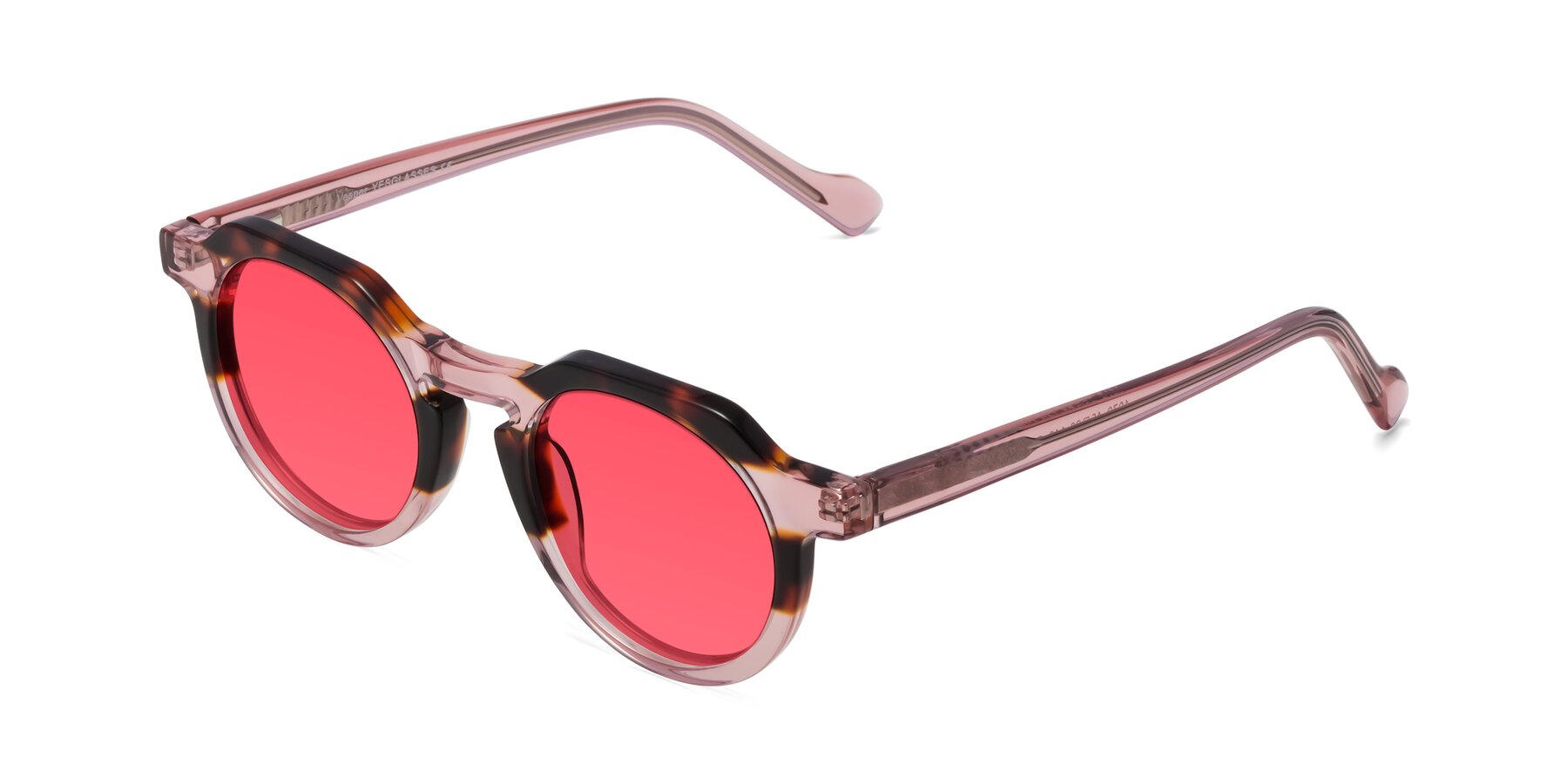 Angle of Vesper in Tortoise-Pink with Red Tinted Lenses