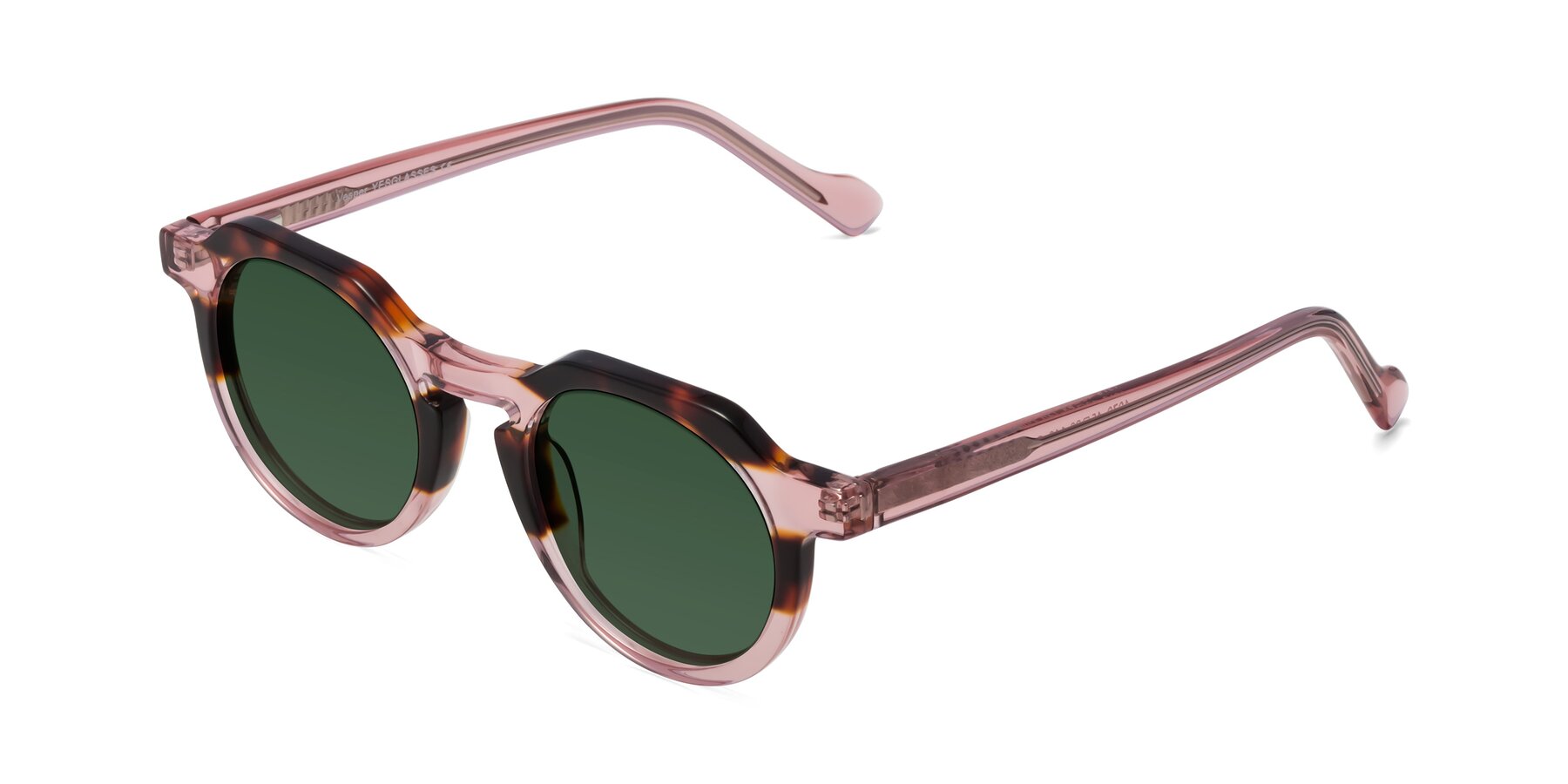 Angle of Vesper in Tortoise-Pink with Green Tinted Lenses