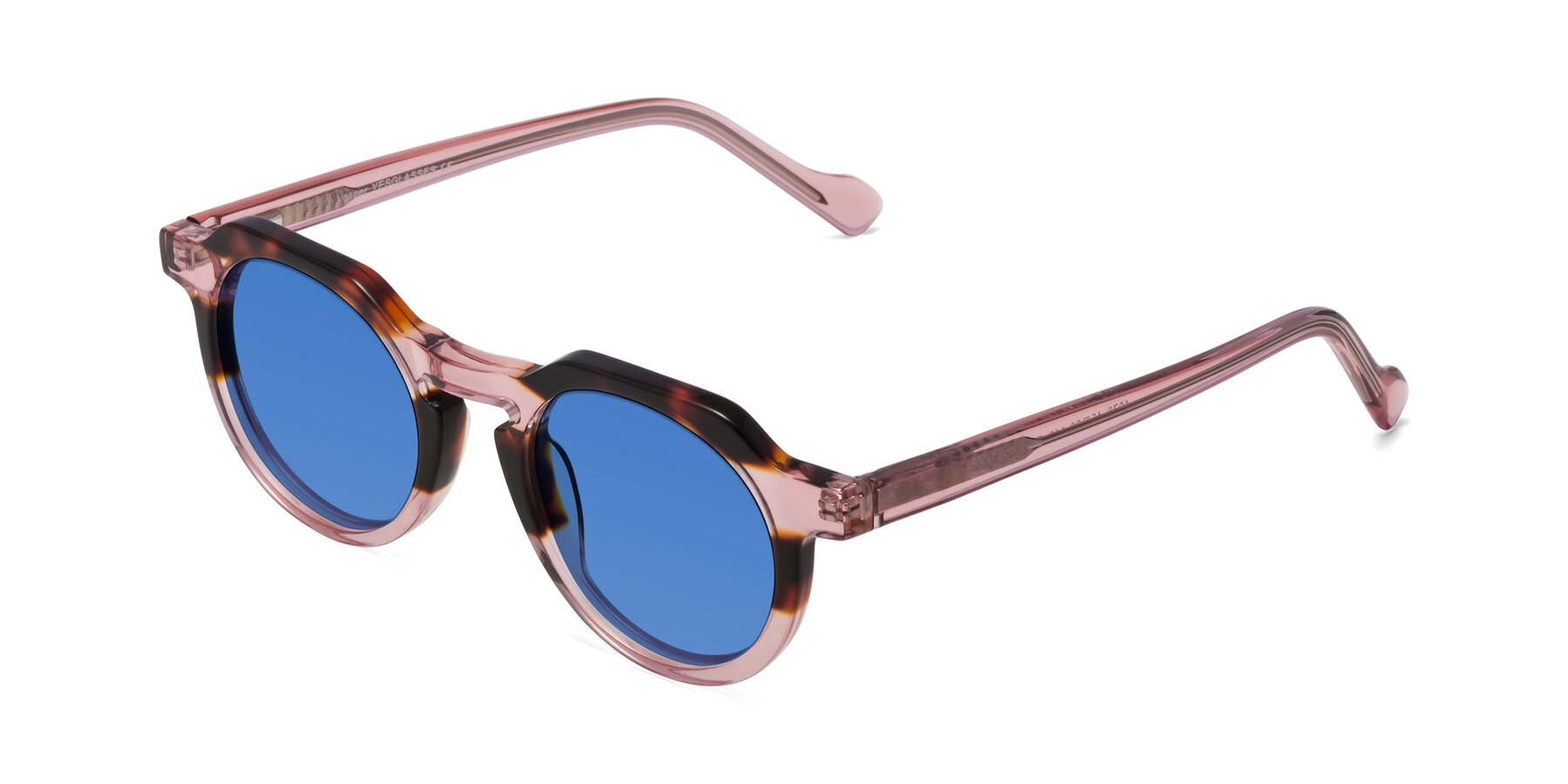 Angle of Vesper in Tortoise-Pink with Blue Tinted Lenses