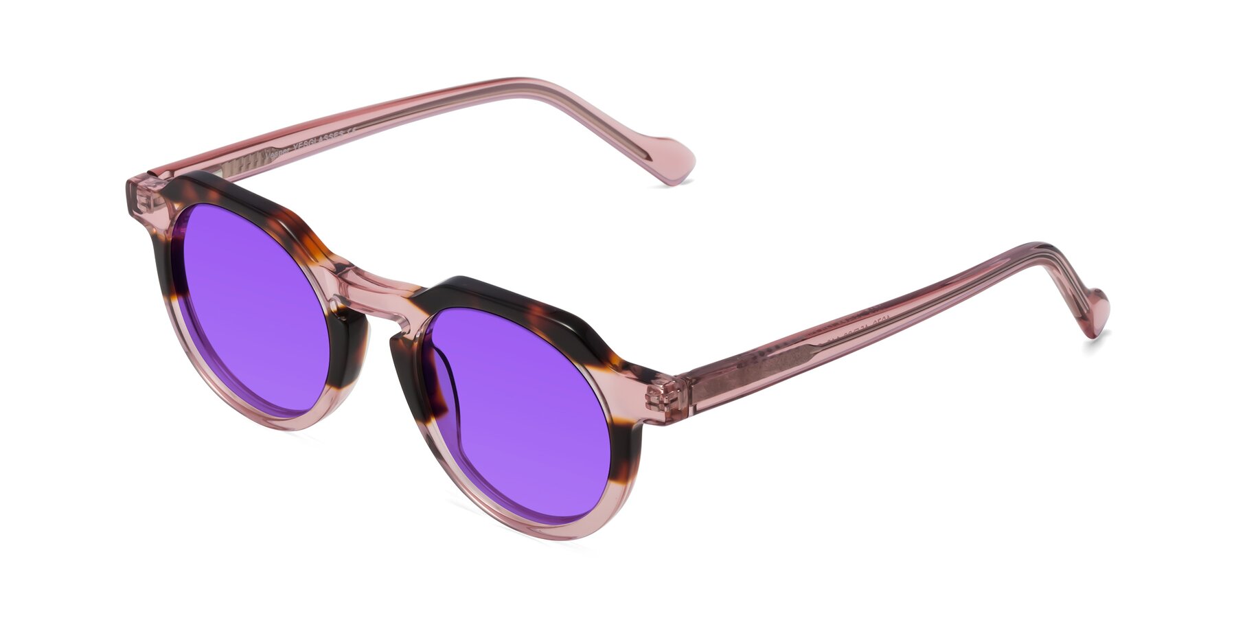 Angle of Vesper in Tortoise-Pink with Purple Tinted Lenses