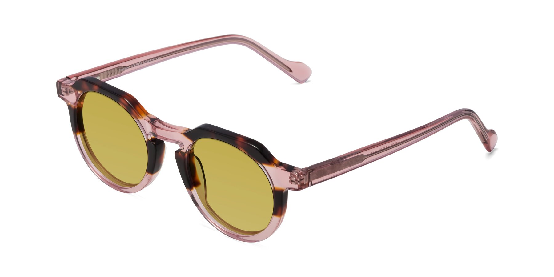 Angle of Vesper in Tortoise-Pink with Champagne Tinted Lenses