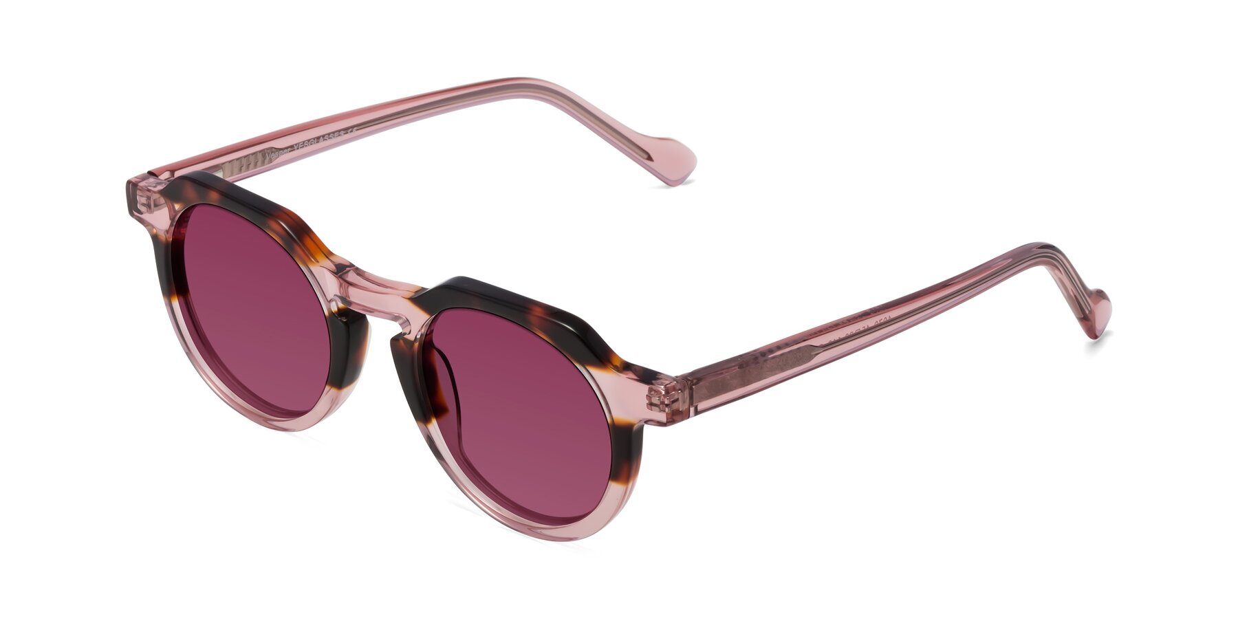 Angle of Vesper in Tortoise-Pink with Wine Tinted Lenses