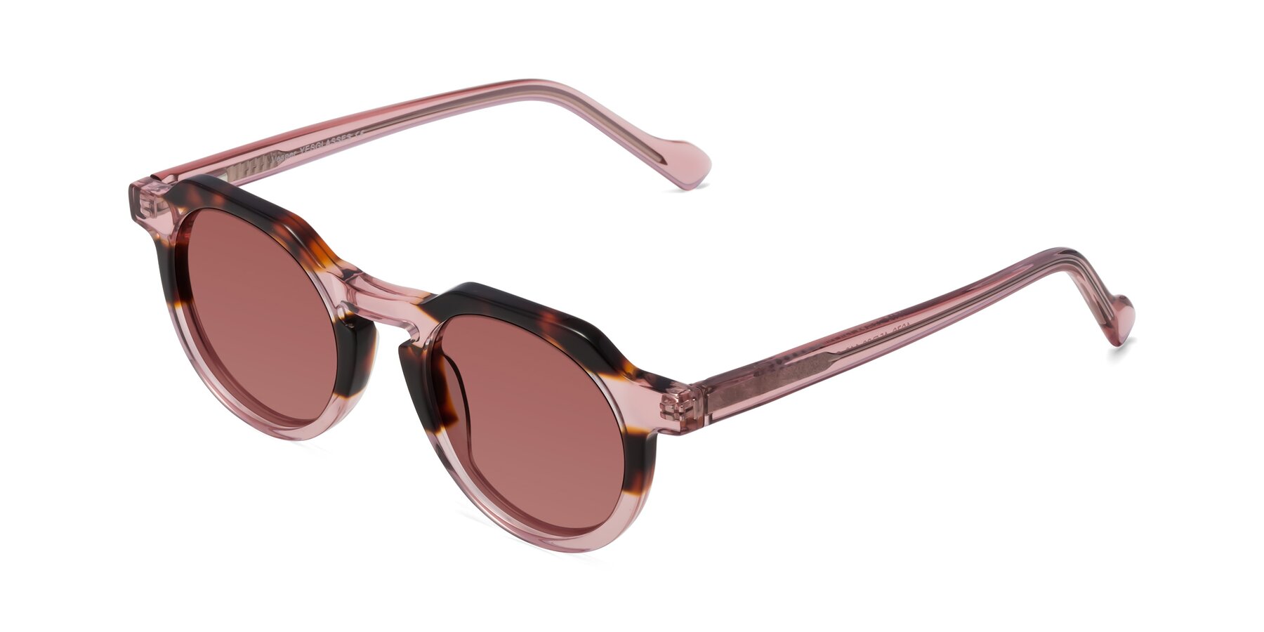 Angle of Vesper in Tortoise-Pink with Garnet Tinted Lenses