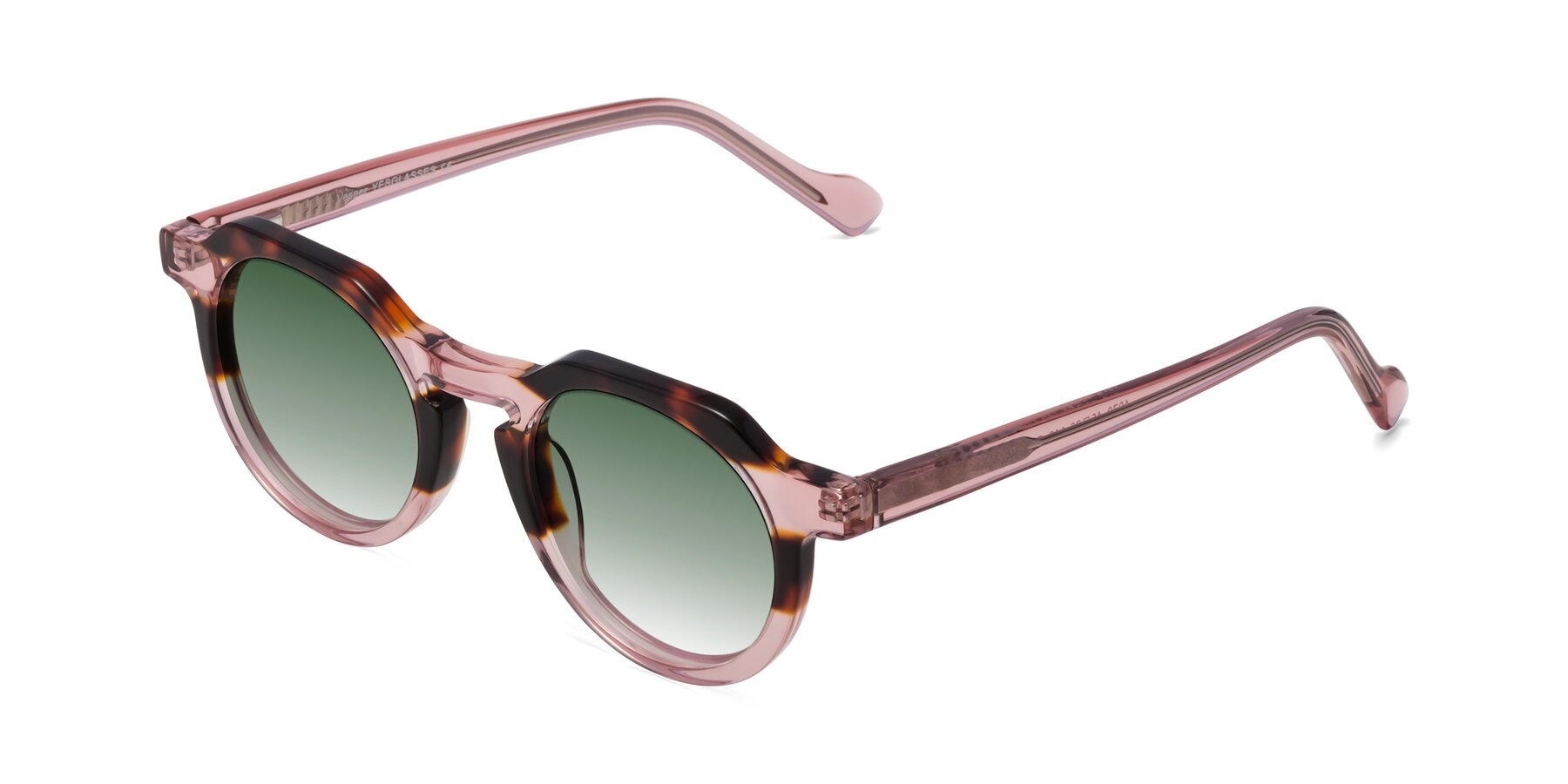 Angle of Vesper in Tortoise-Pink with Green Gradient Lenses