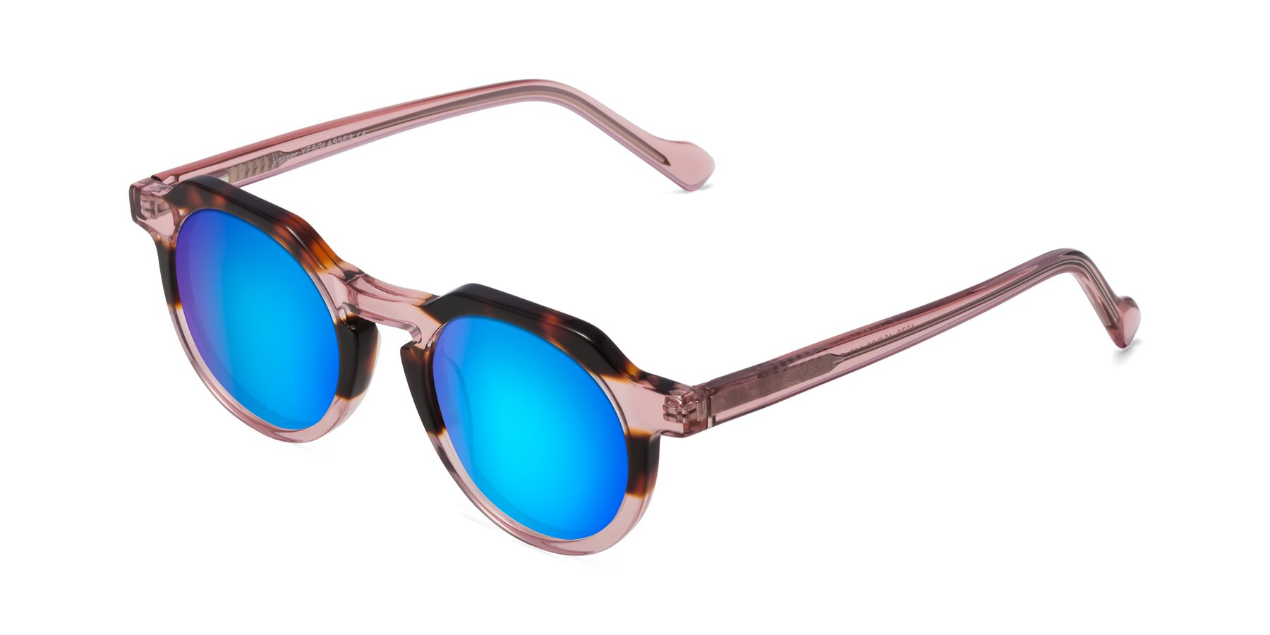 Angle of Vesper in Tortoise-Pink with Blue Mirrored Lenses