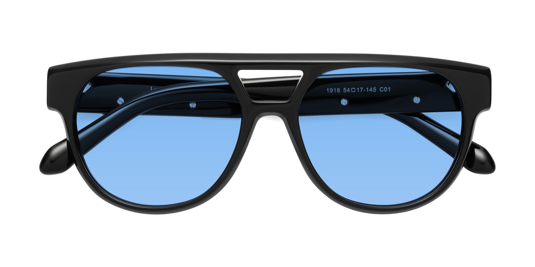 Folded Front of Lyon in Black with Medium Blue Tinted Lenses