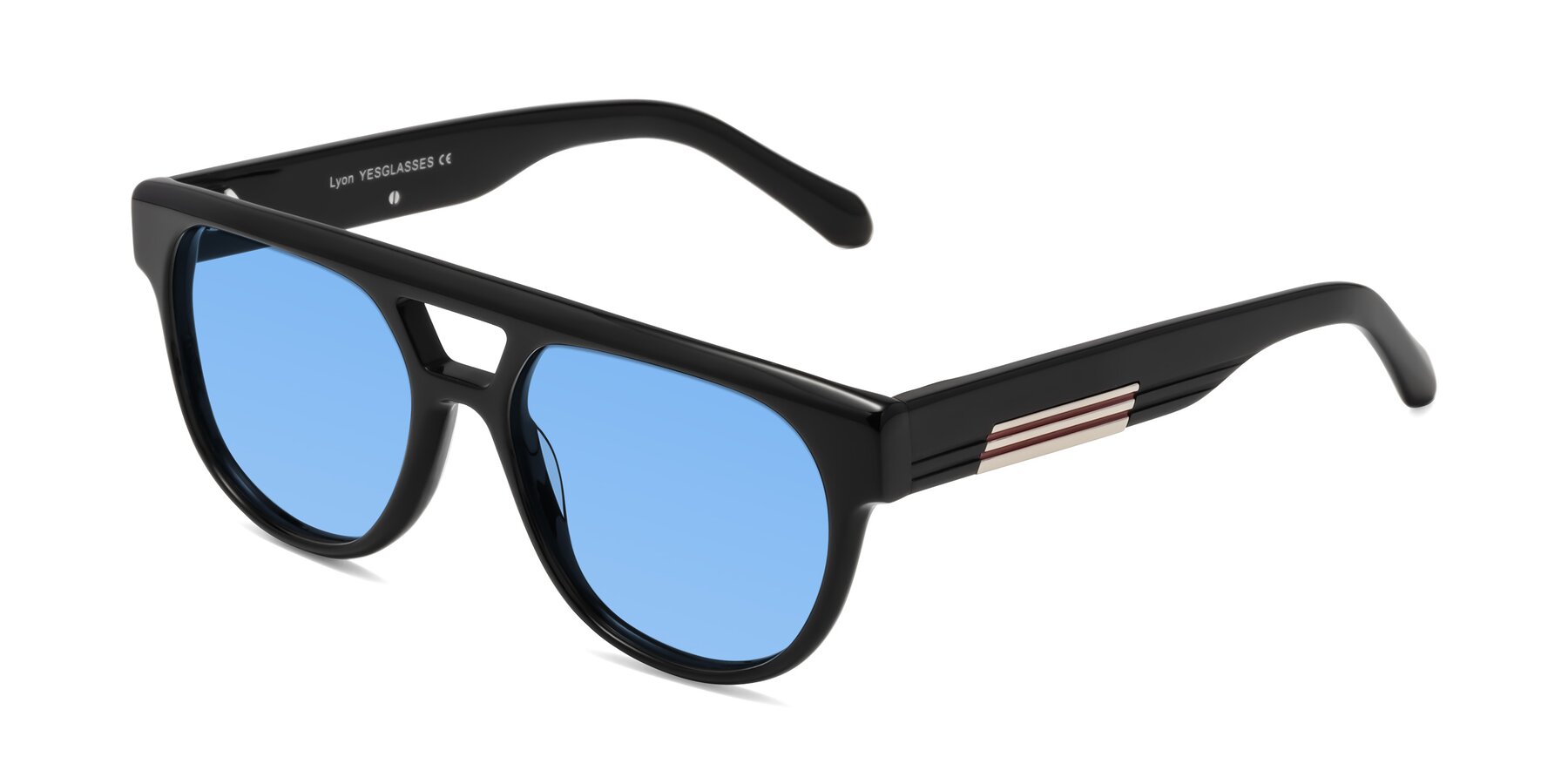 Angle of Lyon in Black with Medium Blue Tinted Lenses