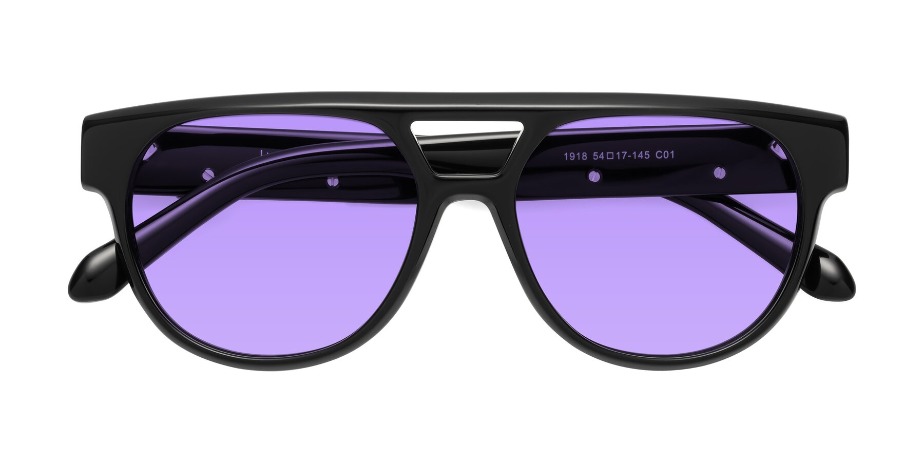 Folded Front of Lyon in Black with Medium Purple Tinted Lenses