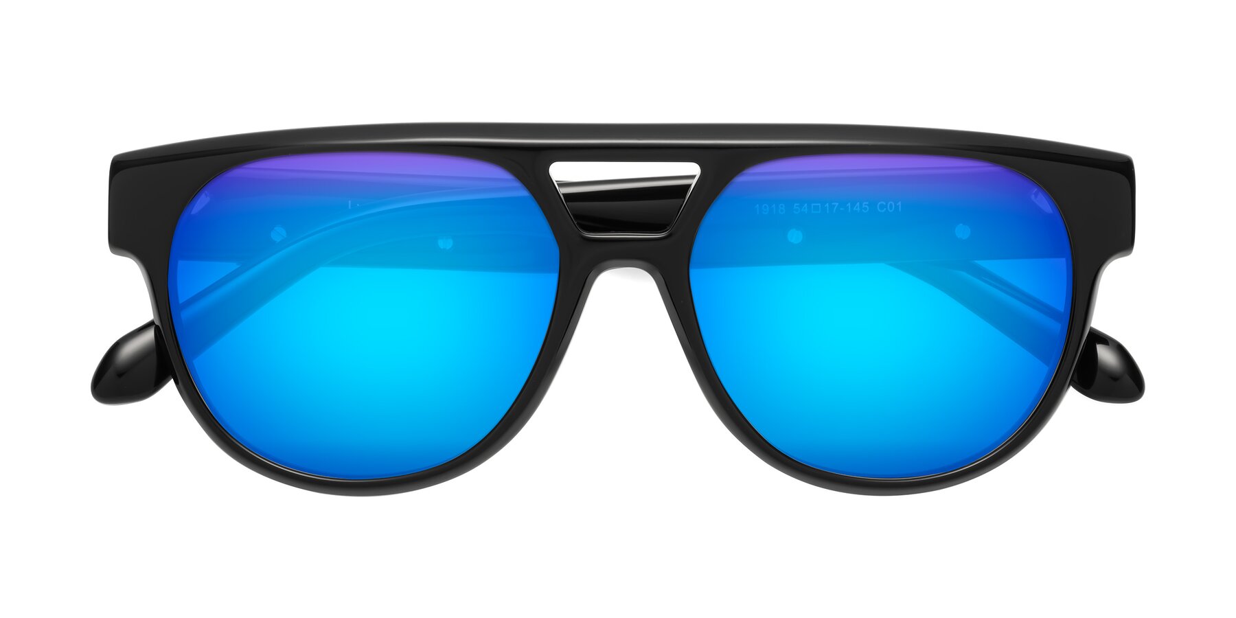 Folded Front of Lyon in Black with Blue Mirrored Lenses