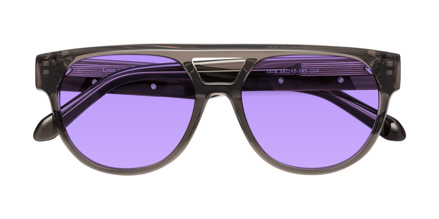 Folded Front of Lyon in Charcoal Gray with Medium Purple Tinted Lenses