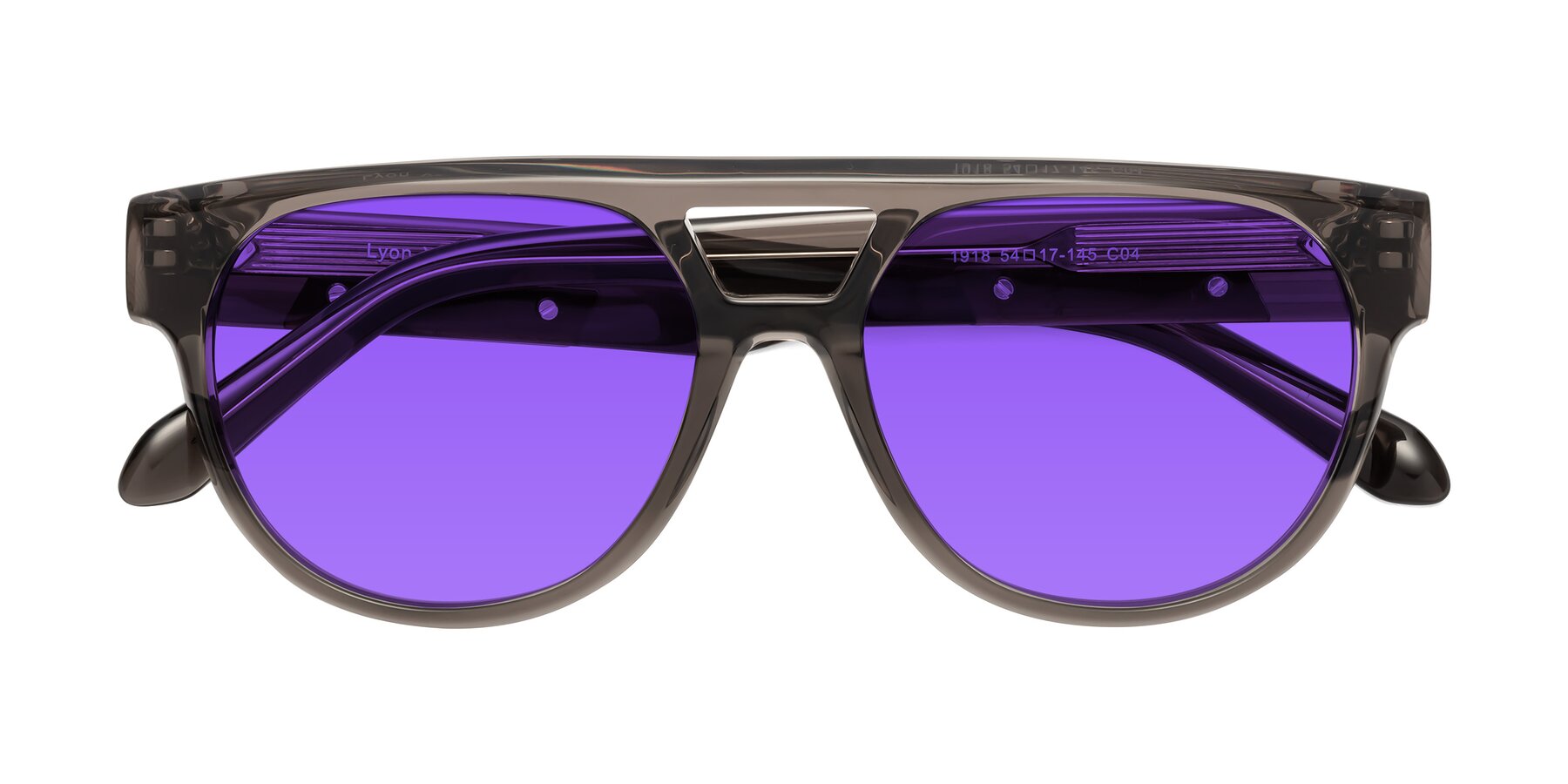Folded Front of Lyon in Charcoal Gray with Purple Tinted Lenses