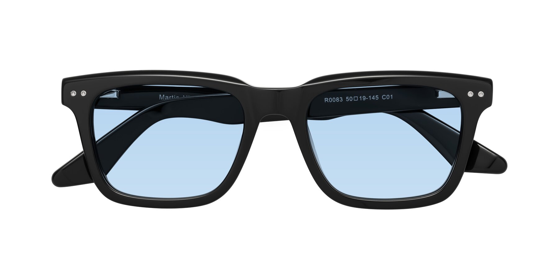 Folded Front of Martia in Black with Light Blue Tinted Lenses