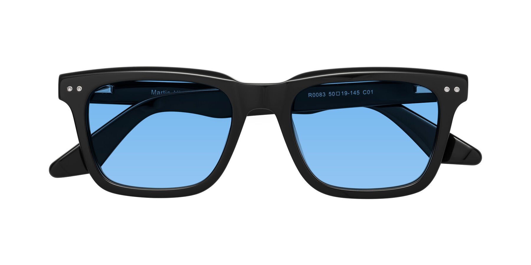 Folded Front of Martia in Black with Medium Blue Tinted Lenses