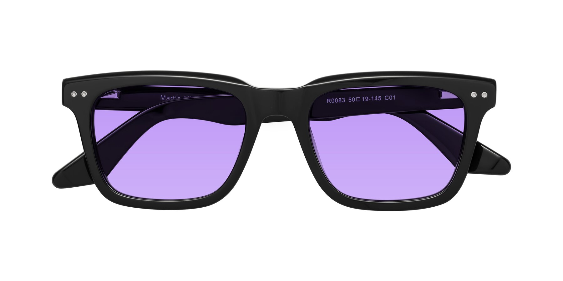 Folded Front of Martia in Black with Medium Purple Tinted Lenses