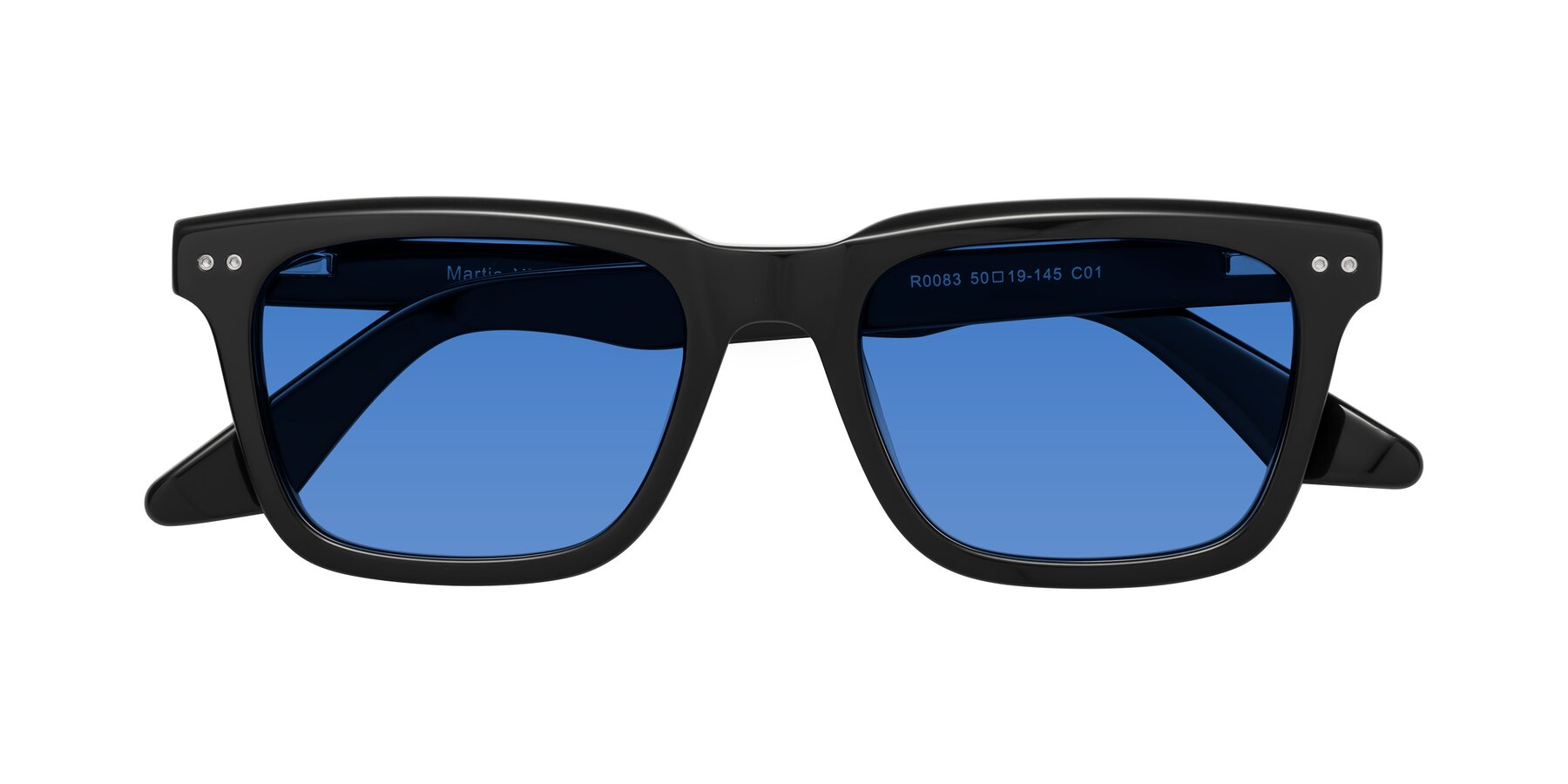 Folded Front of Martia in Black with Blue Tinted Lenses