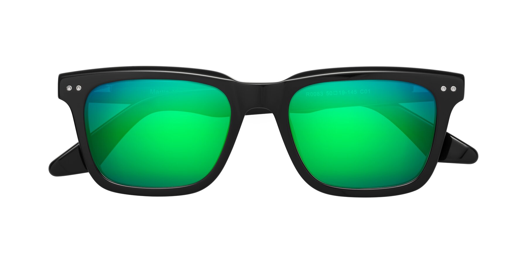 Folded Front of Martia in Black with Green Mirrored Lenses