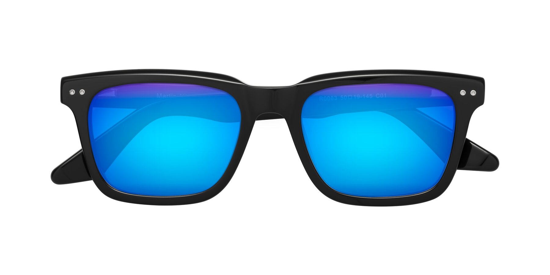 Folded Front of Martia in Black with Blue Mirrored Lenses