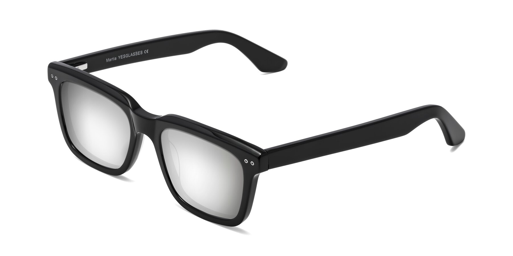 Black Classic Acetate Rectangle Mirrored Sunglasses with Silver Sunwear  Lenses - Martia