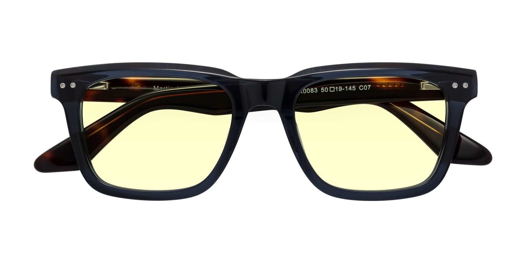 Folded Front of Martia in Deep Blue/Tortoise with Light Yellow Tinted Lenses