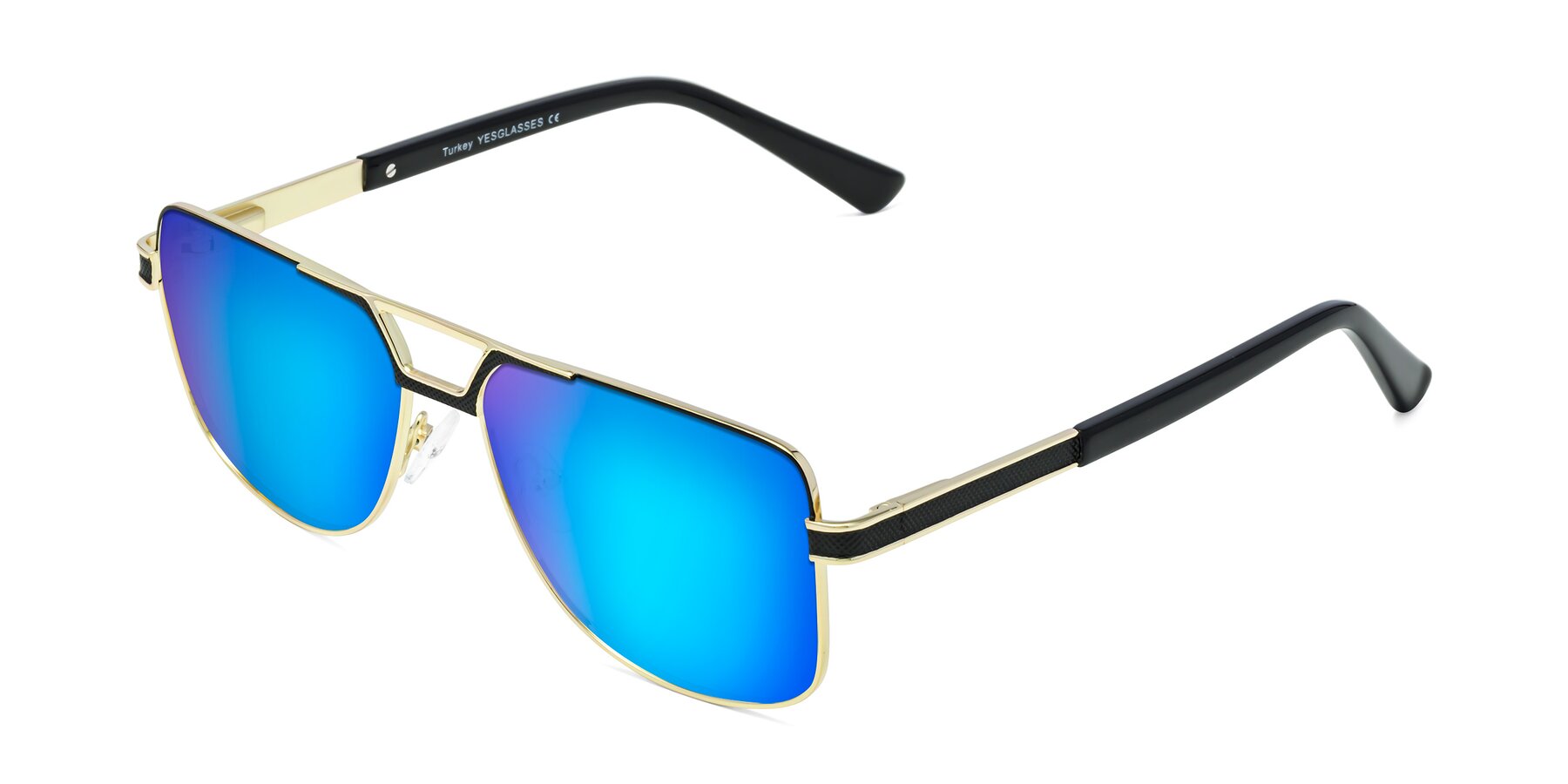 Angle of Turkey in Black-Gold with Blue Mirrored Lenses