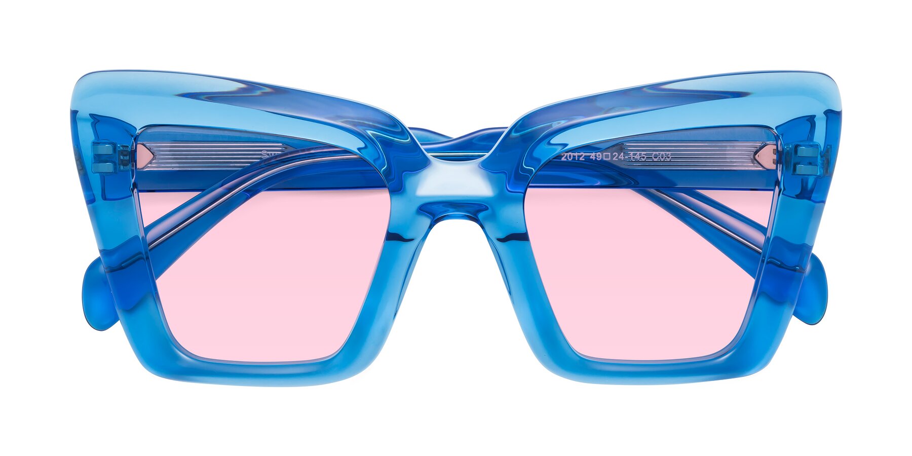 Folded Front of Swan in Crystal Blue with Light Pink Tinted Lenses