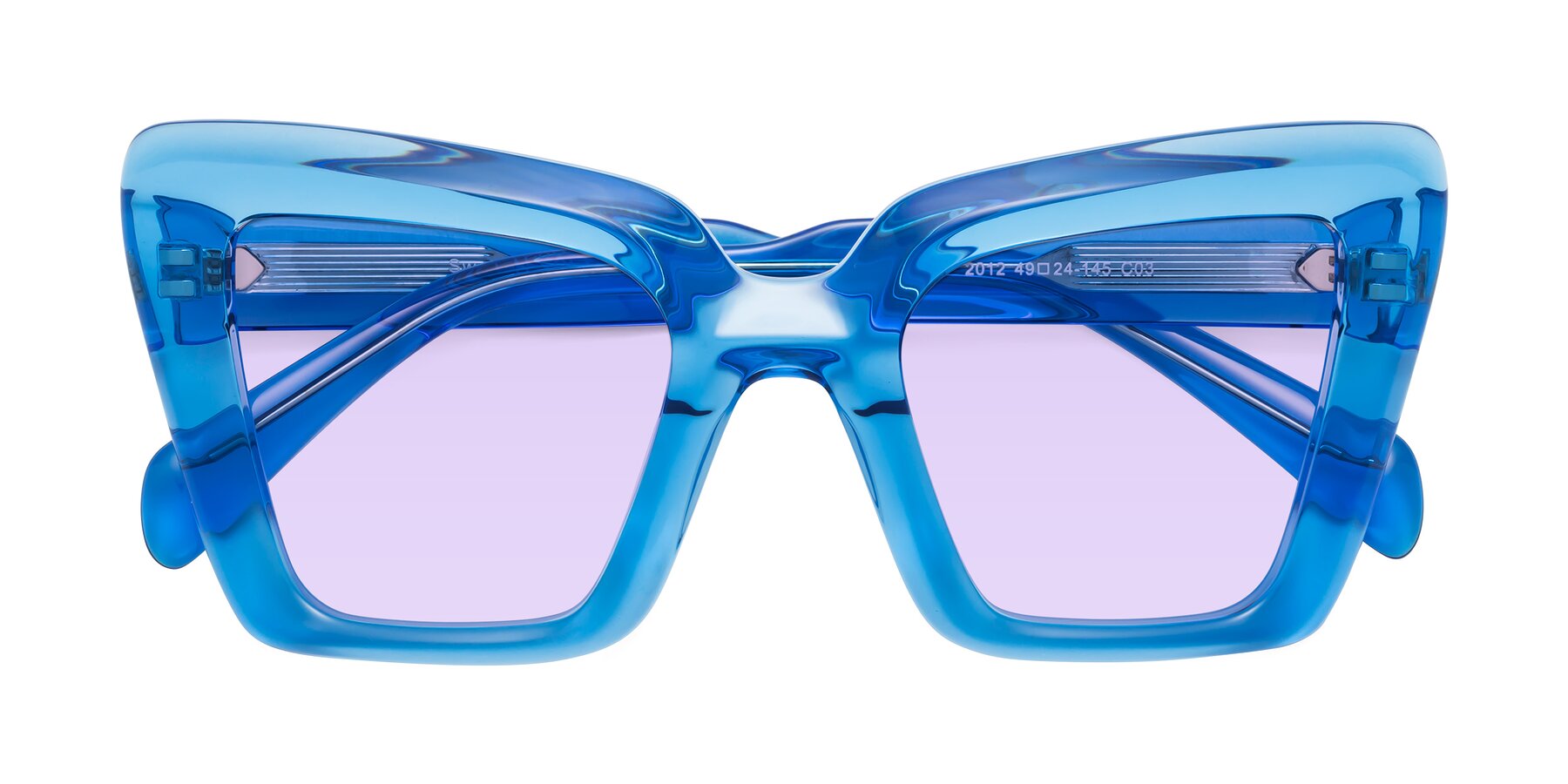 Folded Front of Swan in Crystal Blue with Light Purple Tinted Lenses