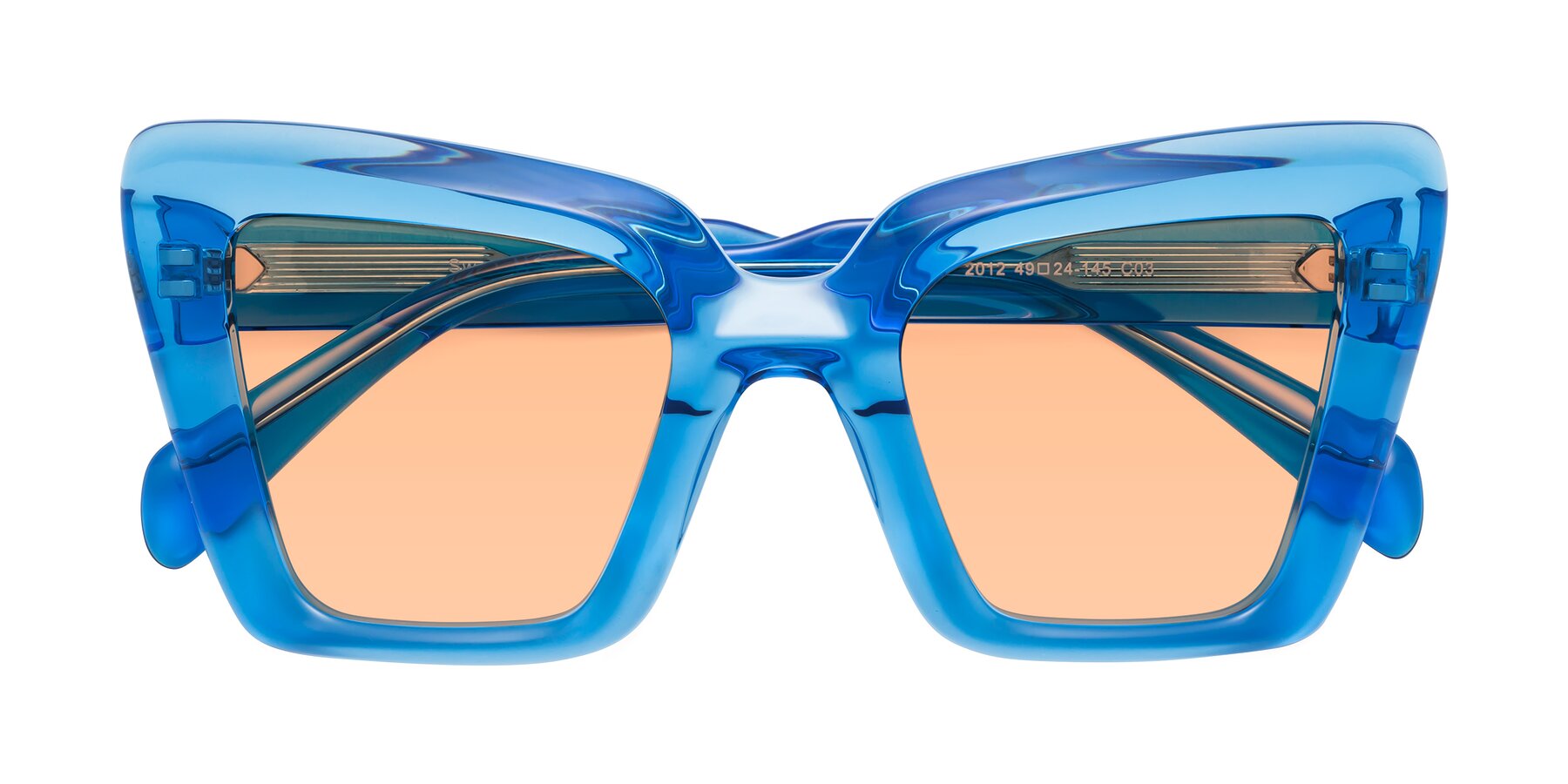 Folded Front of Swan in Crystal Blue with Light Orange Tinted Lenses