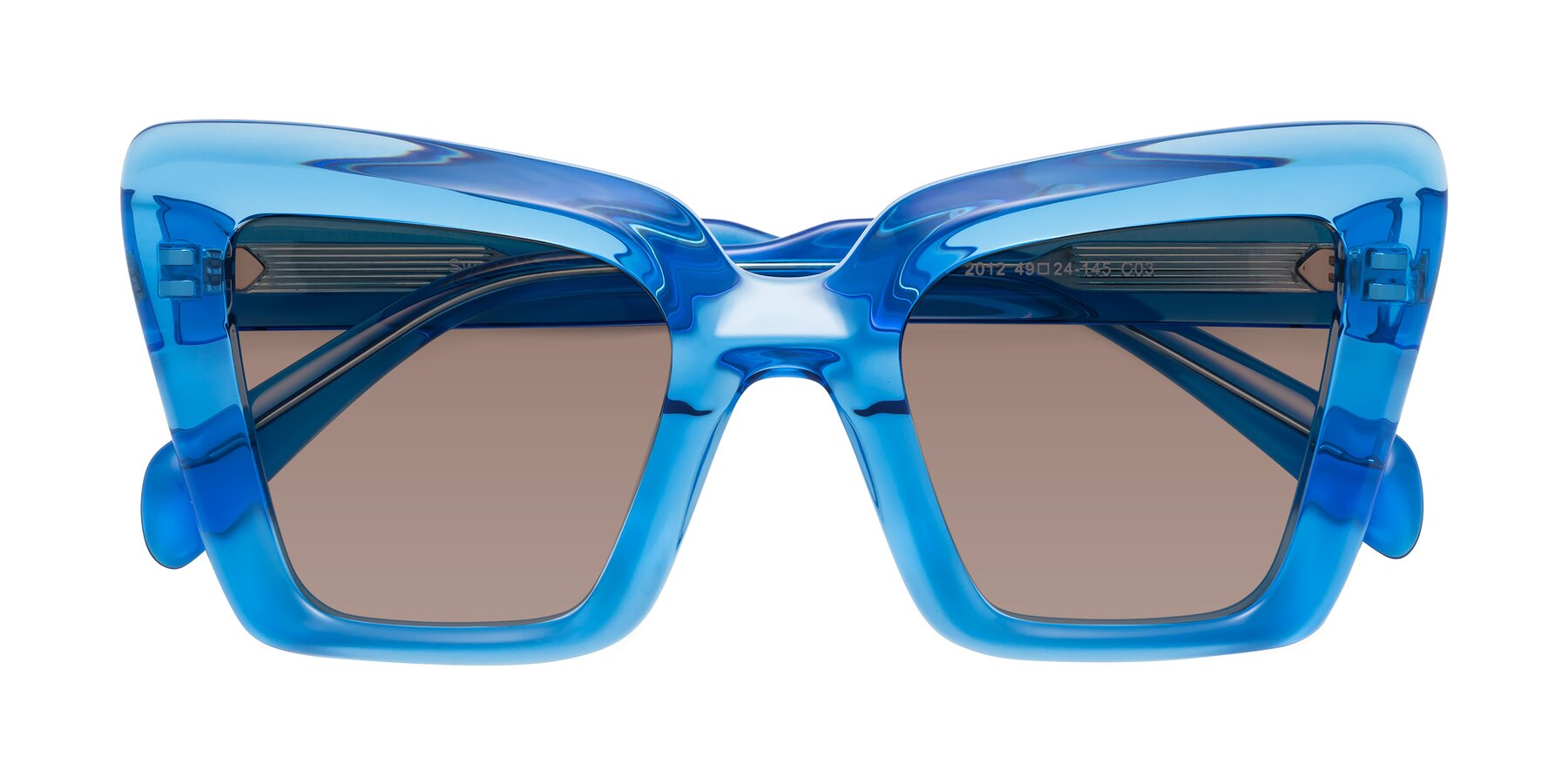 Folded Front of Swan in Crystal Blue with Medium Brown Tinted Lenses