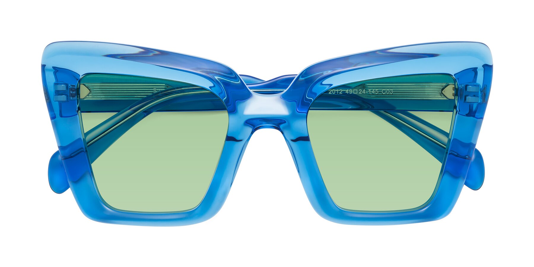 Folded Front of Swan in Crystal Blue with Medium Green Tinted Lenses
