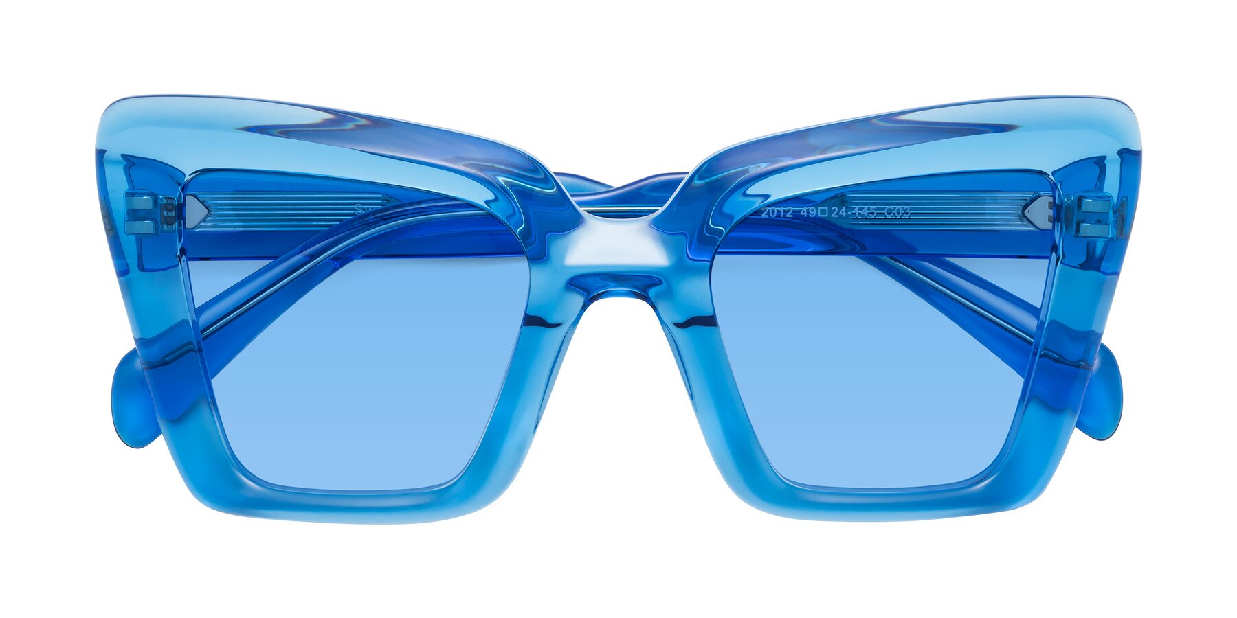 Folded Front of Swan in Crystal Blue with Medium Blue Tinted Lenses