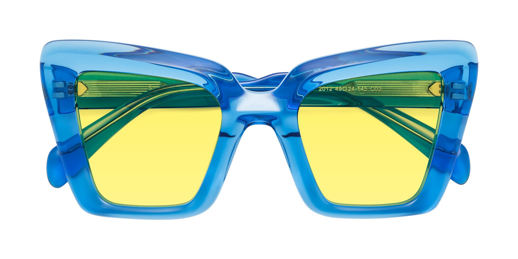 Folded Front of Swan in Crystal Blue with Medium Yellow Tinted Lenses