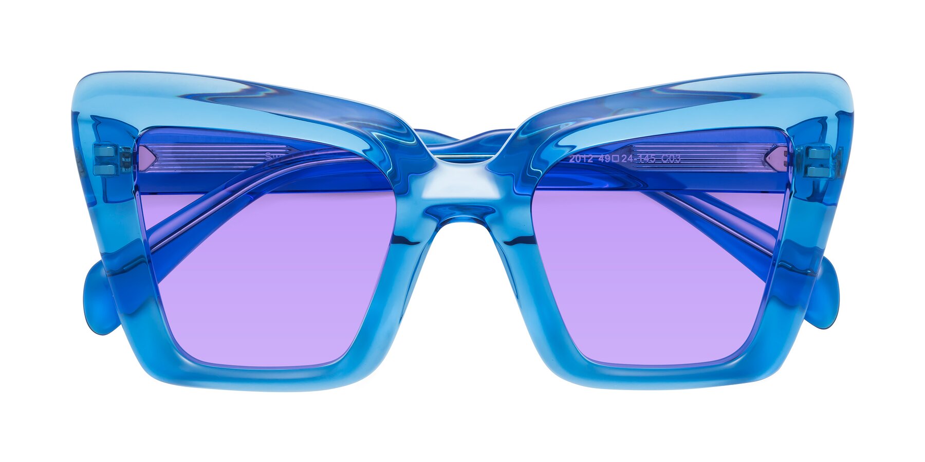 Folded Front of Swan in Crystal Blue with Medium Purple Tinted Lenses