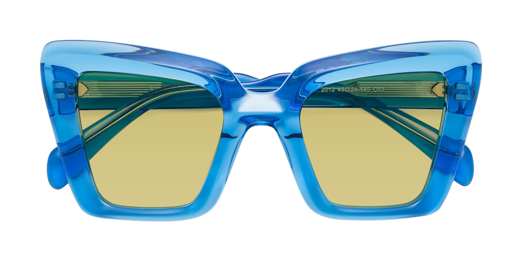 Folded Front of Swan in Crystal Blue with Medium Champagne Tinted Lenses