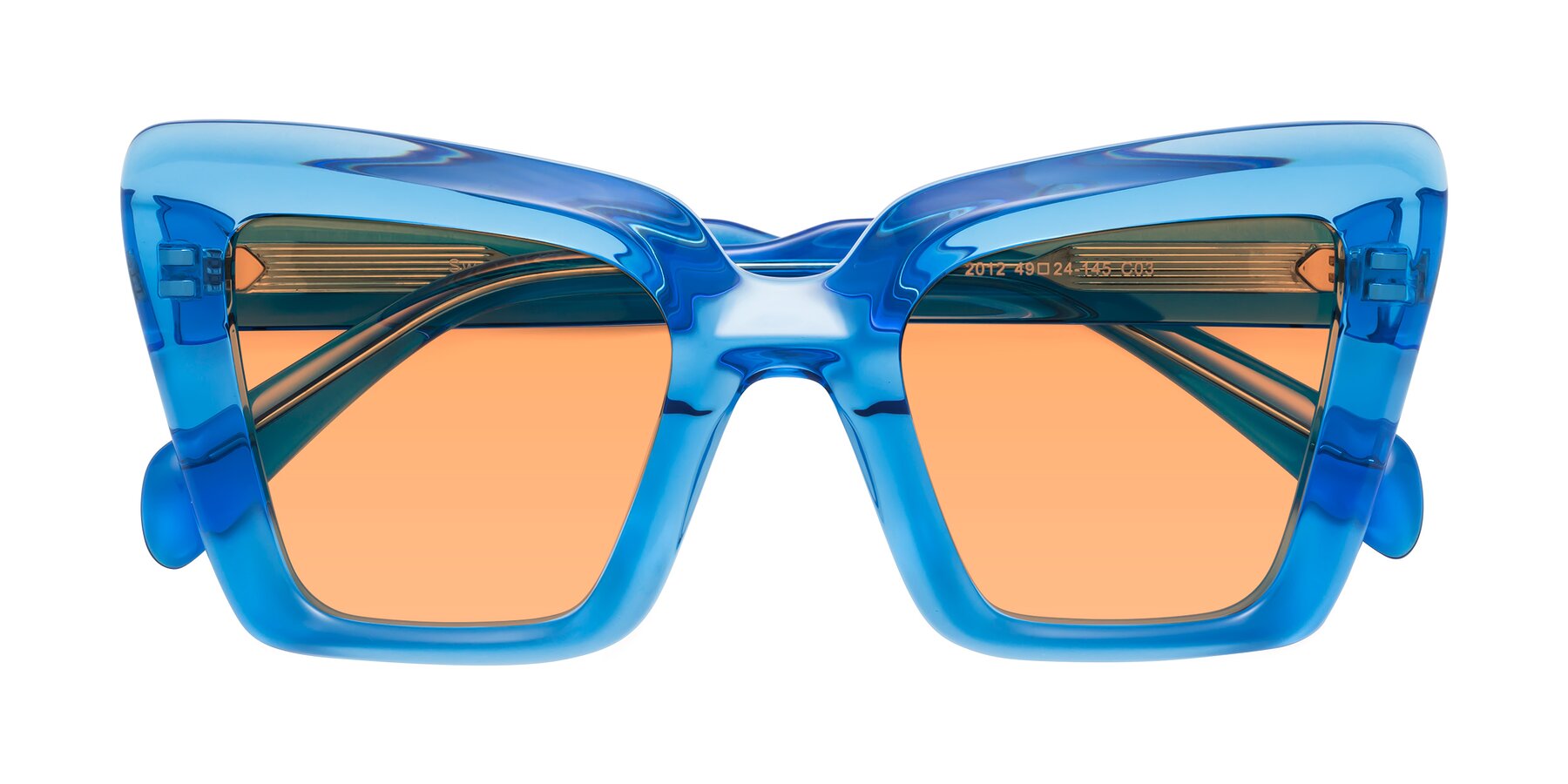 Folded Front of Swan in Crystal Blue with Medium Orange Tinted Lenses