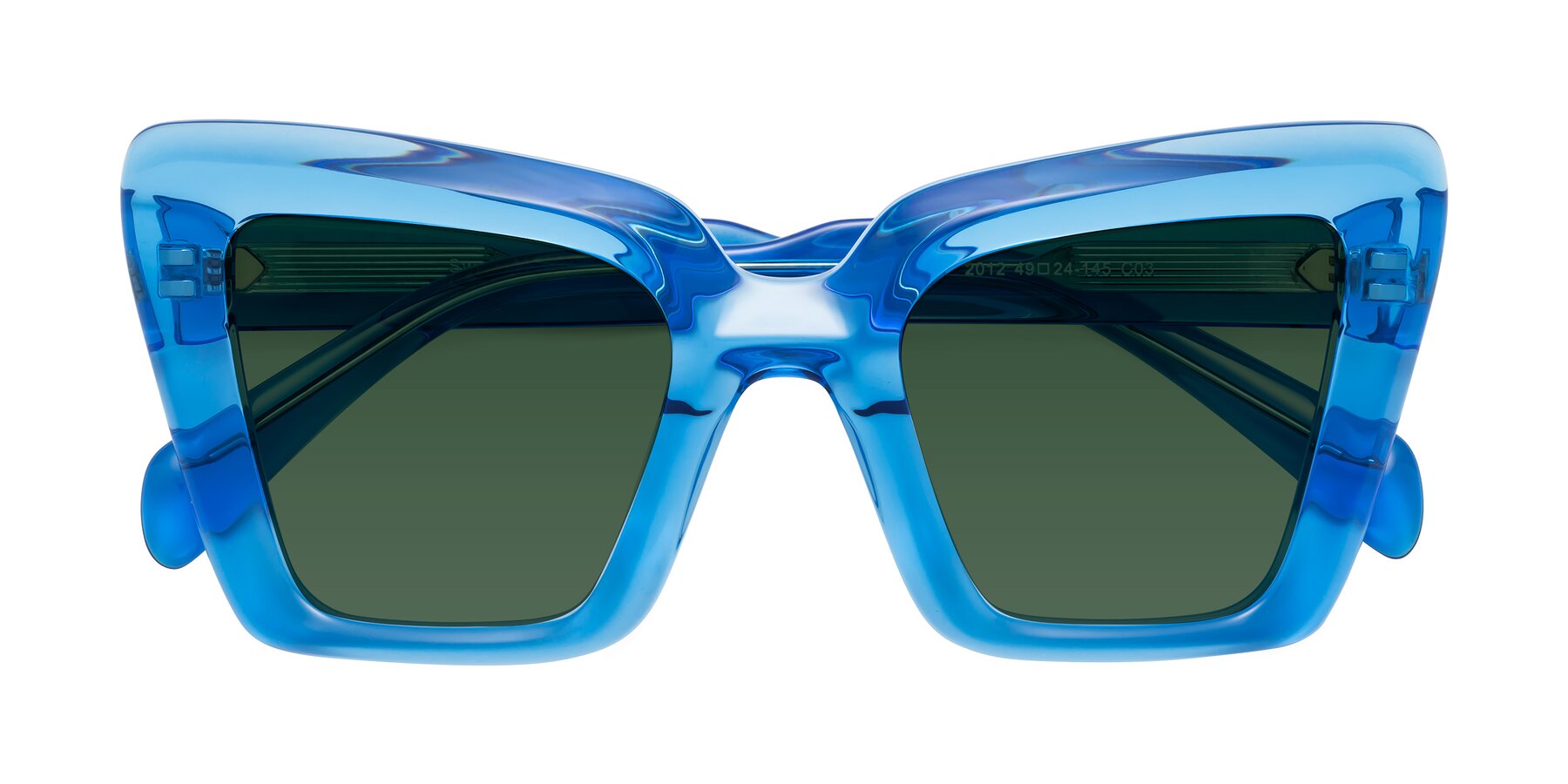 Folded Front of Swan in Crystal Blue with Green Tinted Lenses