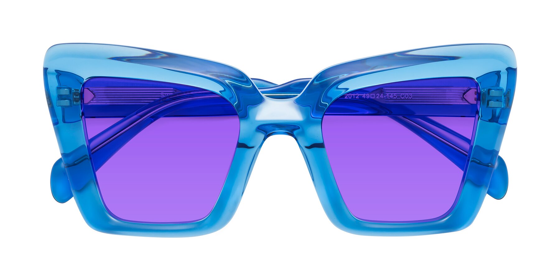 Folded Front of Swan in Crystal Blue with Purple Tinted Lenses