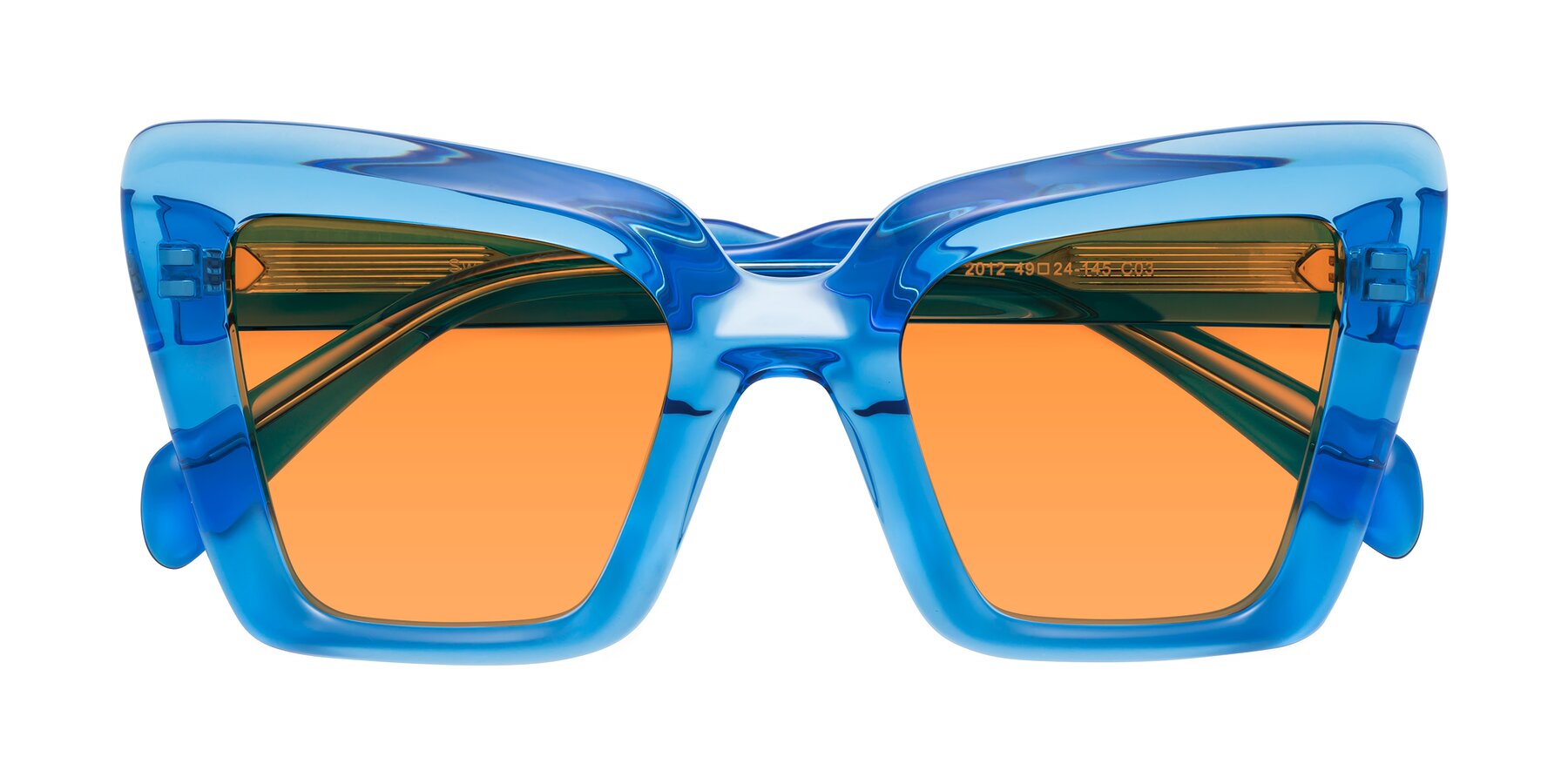 Folded Front of Swan in Crystal Blue with Orange Tinted Lenses