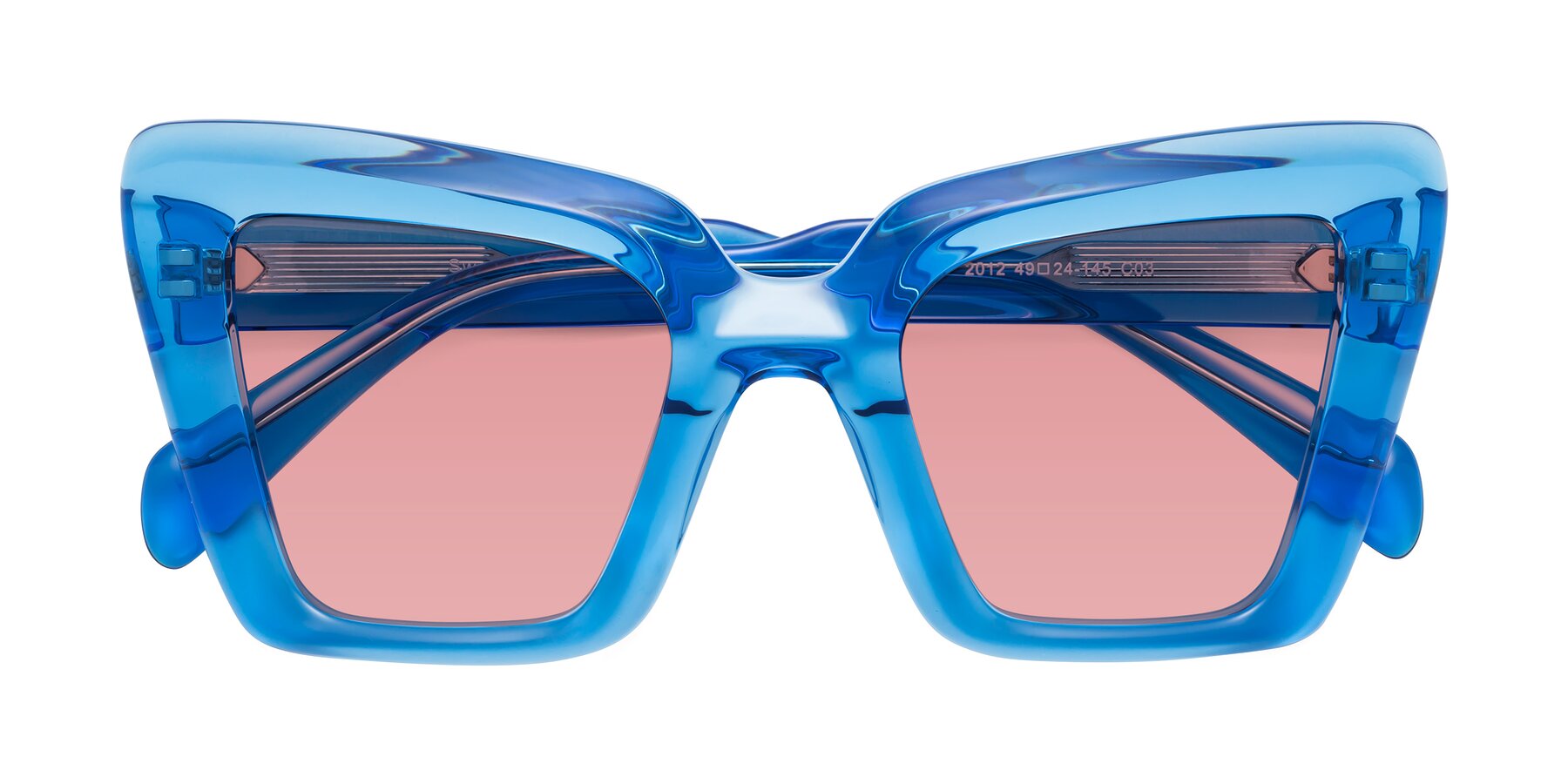 Folded Front of Swan in Crystal Blue with Medium Garnet Tinted Lenses