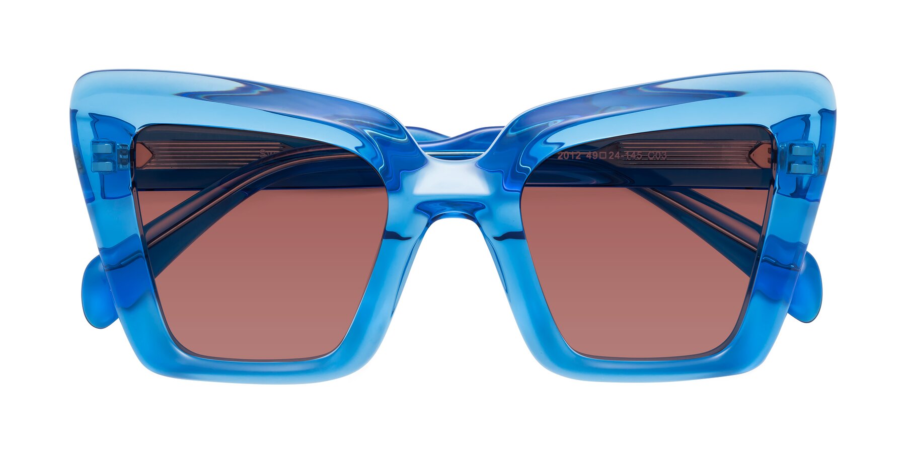 Folded Front of Swan in Crystal Blue with Garnet Tinted Lenses